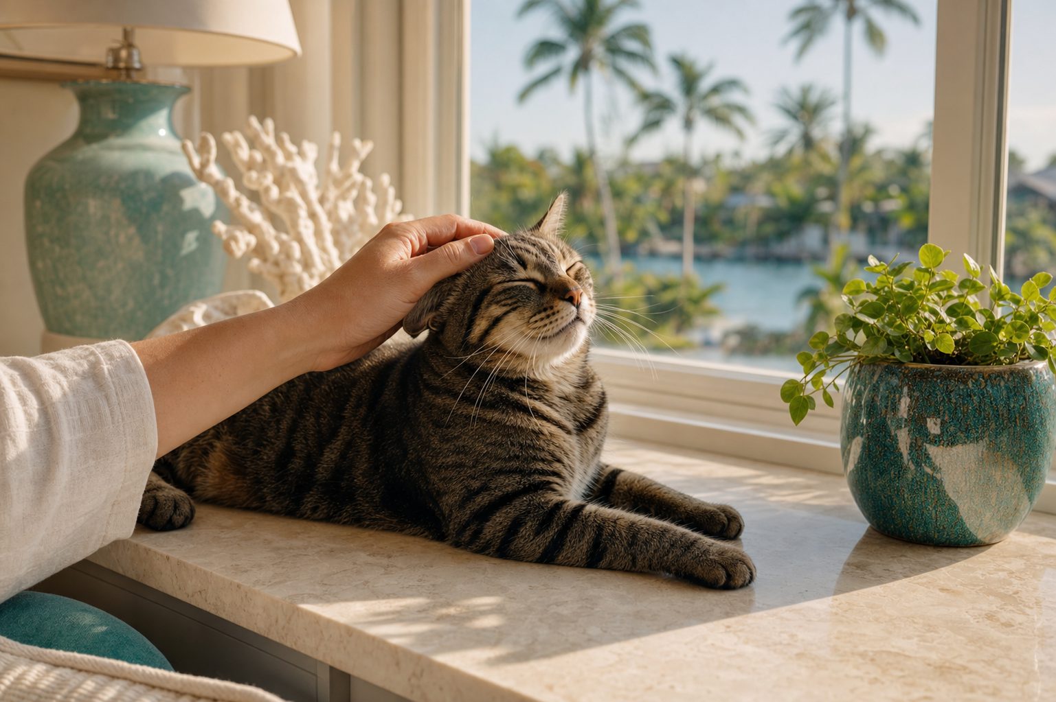 A relaxed tabby cat being gently petted on a sunlit windowsill