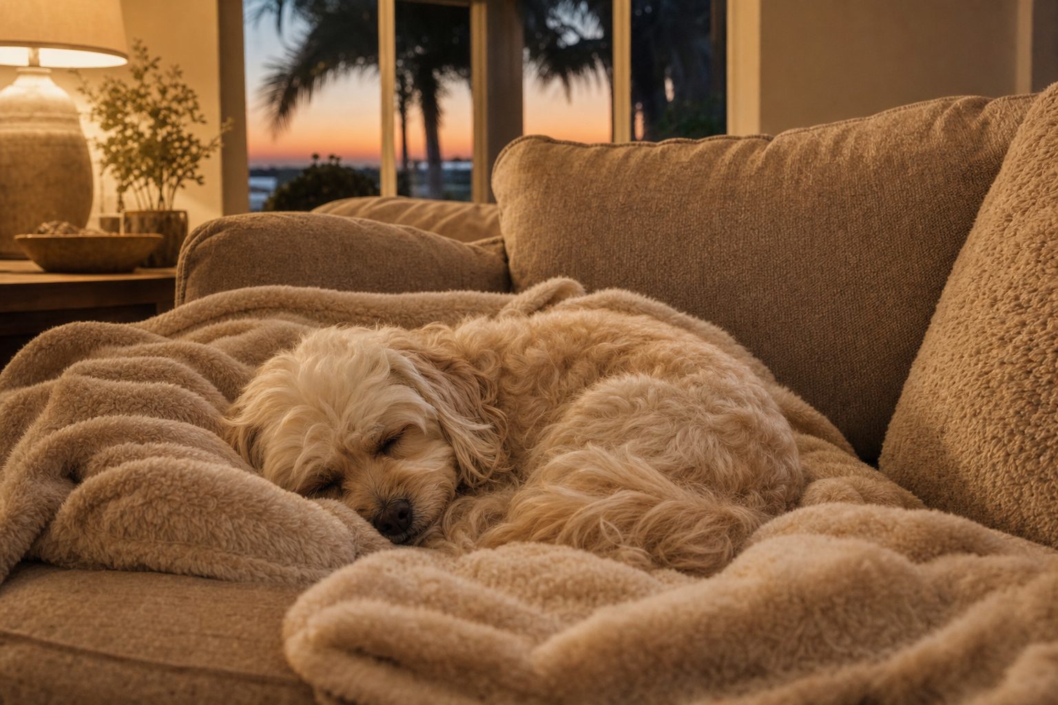 A small dog curled up cozy on a couch at dusk