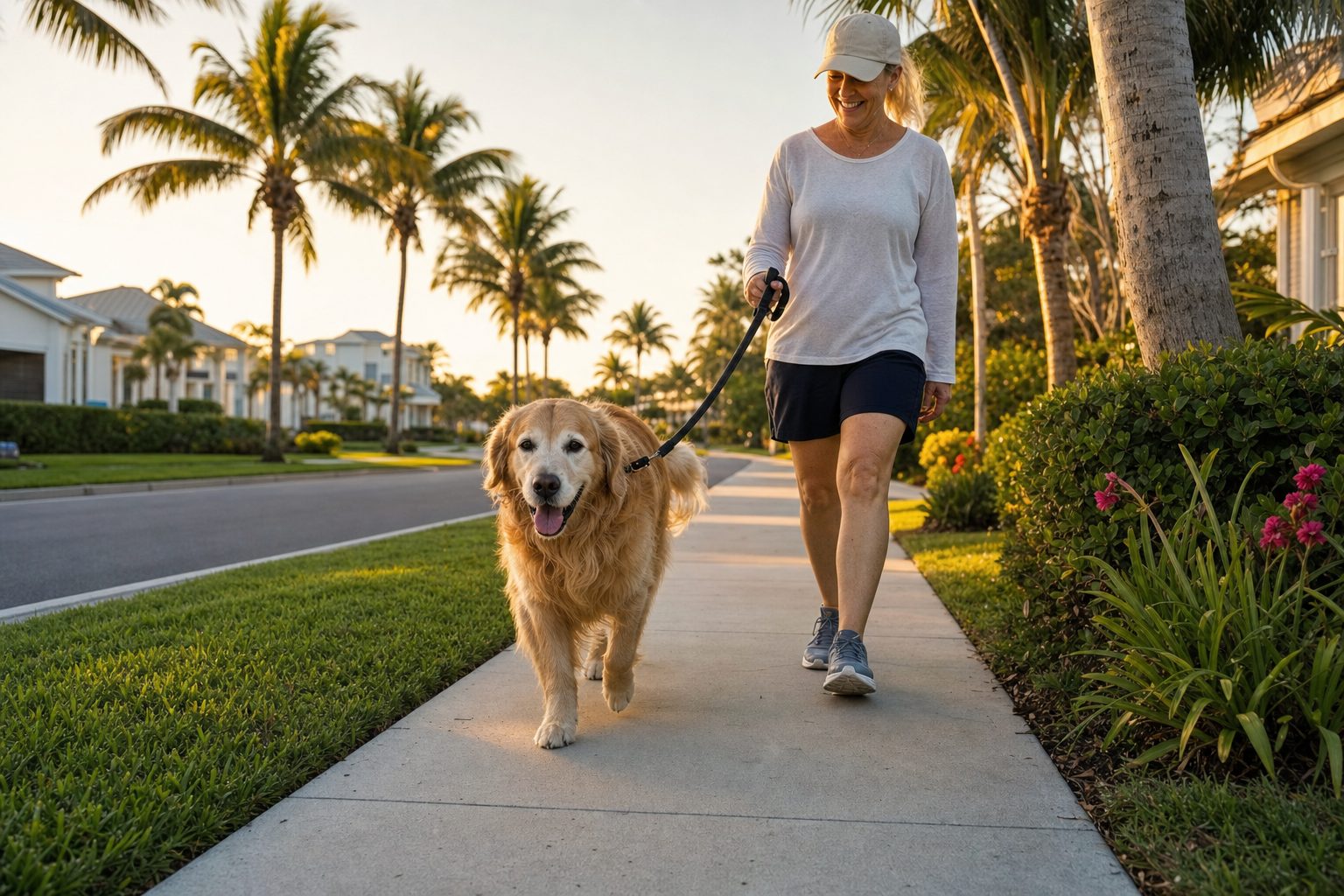 Pet sitter walking a happy dog in Southwest Florida
